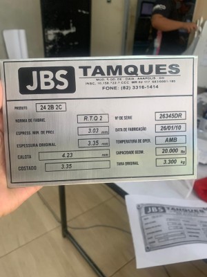 PLACA DE IDENTIFICAÇÃO DE TANQUE Inox Tamanho variado   Manual 